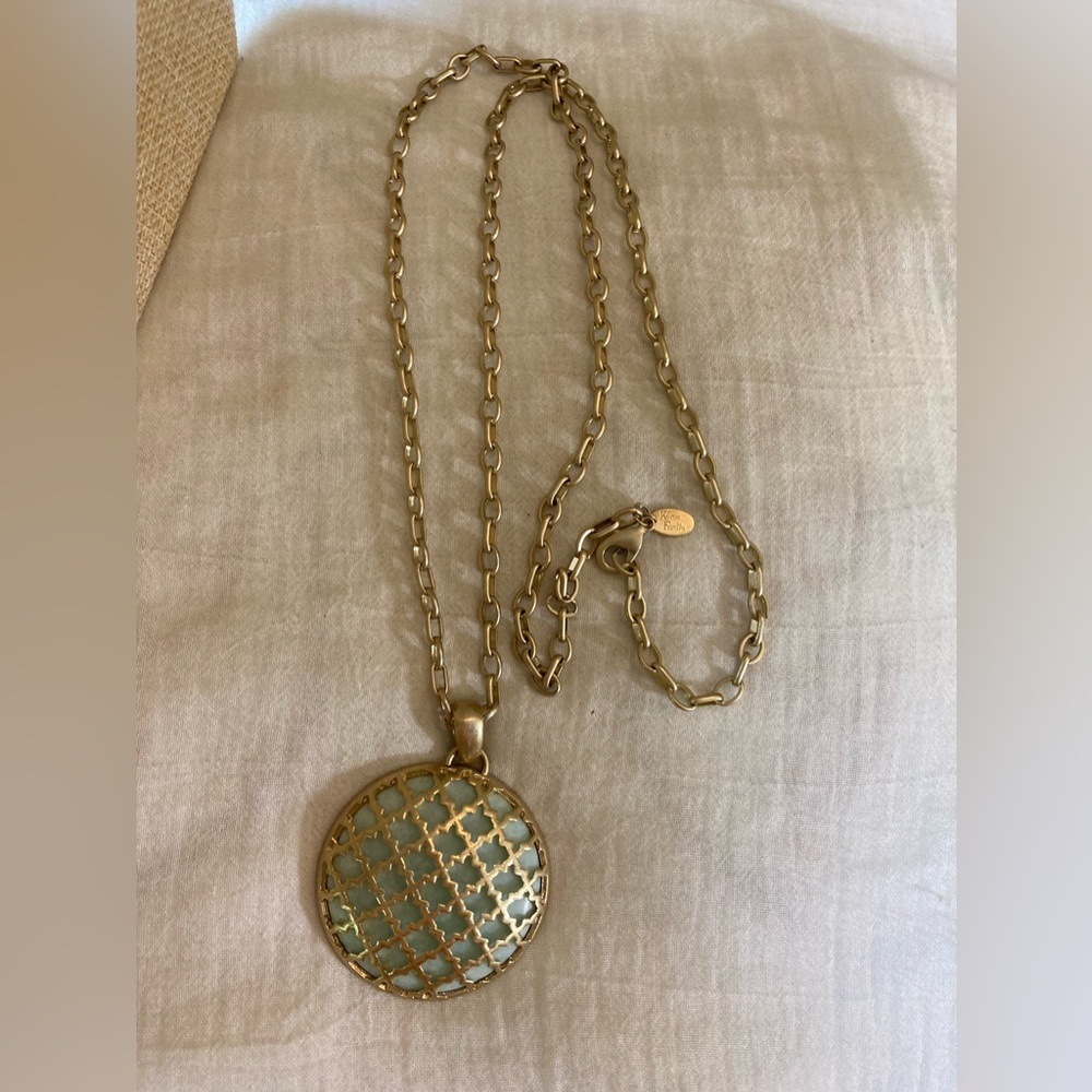 Kiam Family Large Round‎ Cut out Design Pendant w/ Teal Necklace